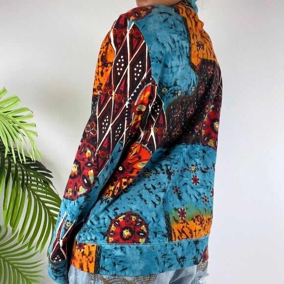Vintage 90s Chico's Blue Patchwork Bohemian Hippie Lightweight Artsy Jacket / 1 - Picture 2 of 7